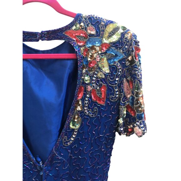 Vintage Swee Lo Royal Blue Sequin Beaded Silk Dress | XS/Small | 80s Cocktail Go - Picture 3 of 10